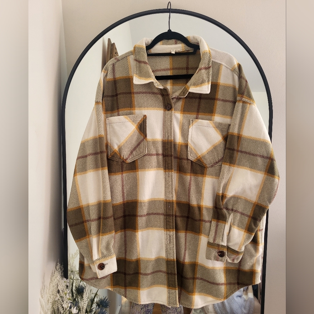 Maurices Cream, Brown & Mustard Plaid Button-Front Shacket